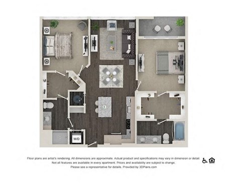 Floor plan for 2 beds, 2 baths, 1091 sqft